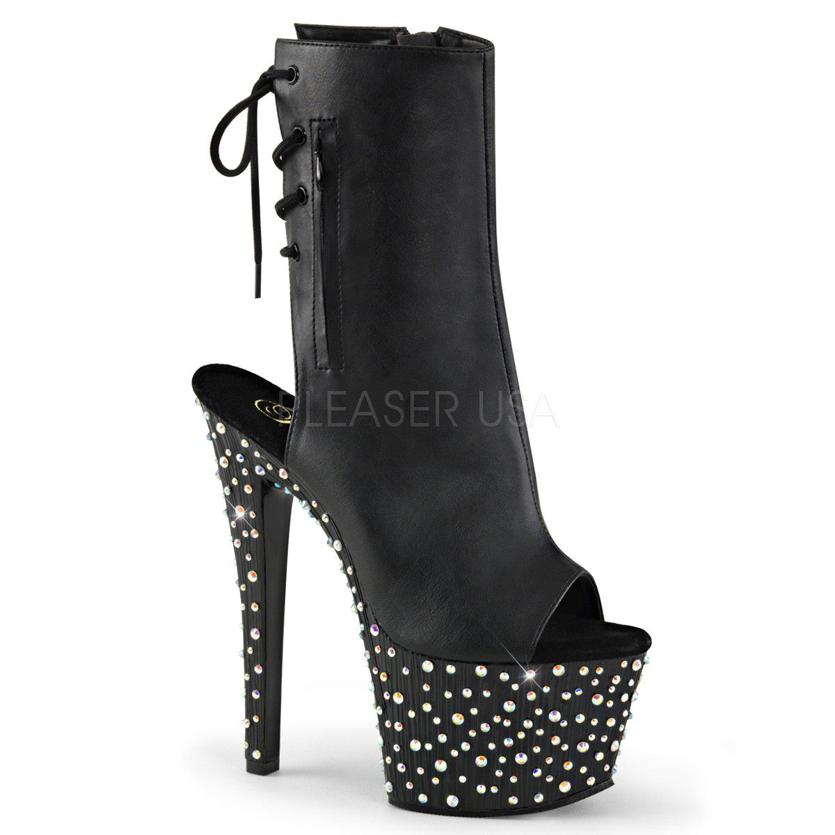 Pleaser STARDANCE-1018-7 Black Ankle Strap Sandals With Black-Silver Multi Rhinestone Platform - Shoecup.com