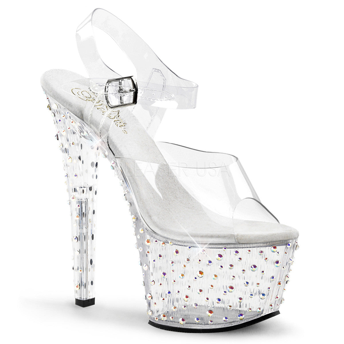 PLEASER STARDANCE-708 Clear-Silver Multi Rhinestone Ankle Strap Sandals - Shoecup.com