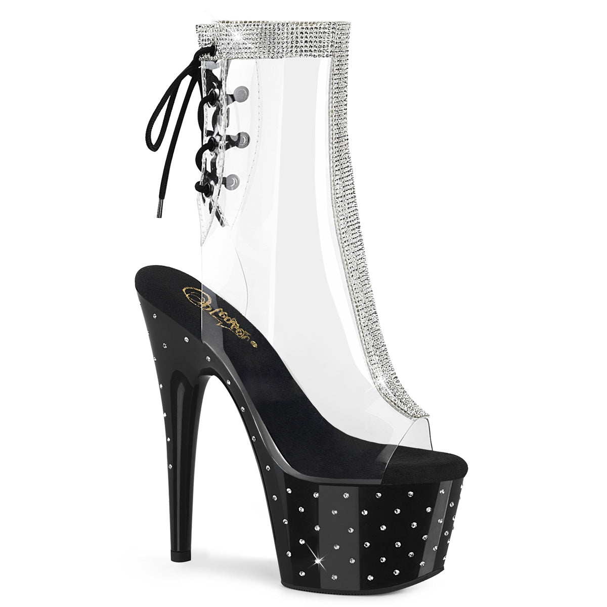 Pleaser STARDUST-1018C-2RS Clear-Black 7 Inch Heel, 2 3/4 Inch Platform Open Toe/Heel Ankle Boot With Rhinestone