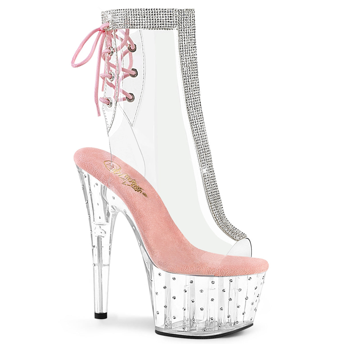 Pleaser STARDUST-1018C-2RS Clear-Baby Pink 7 Inch Heel, 2 3/4 Inch Platform Open Toe/Heel Ankle Boot With Rhinestone