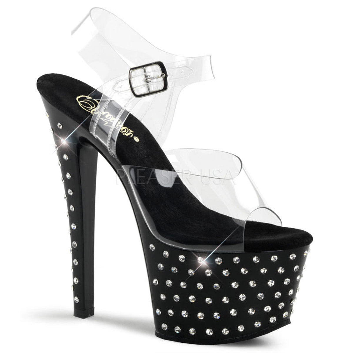 PLEASER STARDUST-708 Clear-Black Ankle Strap Sandals – Shoecup.com
