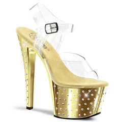 PLEASER STARDUST-708 Clear-Gold Chrome Ankle Strap Sandals - Shoecup.com