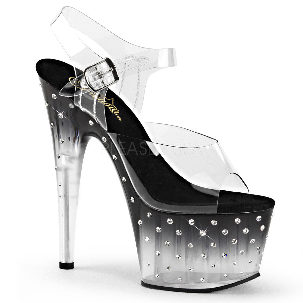 Pleaser STARDUST-708T Clear Ankle Strap Sandals With Black-Clear Platform - Shoecup.com