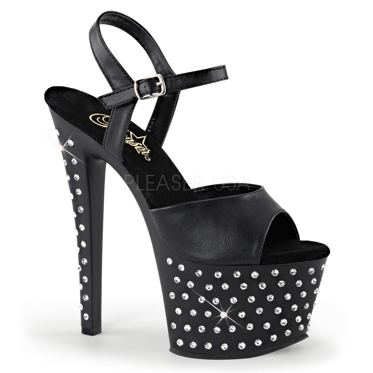 Pleaser STARDUST-709 Black Faux Leather Ankle Strap Sandals With Black Matte Platform - Shoecup.com