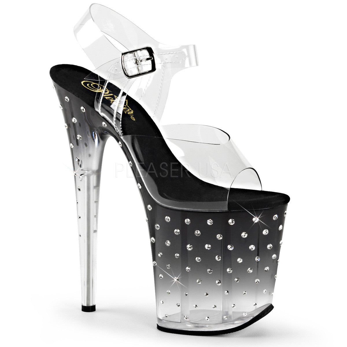 Pleaser STARDUST-808T Clear Ankle Strap Sandals With Black-Clear Platform - Shoecup.com
