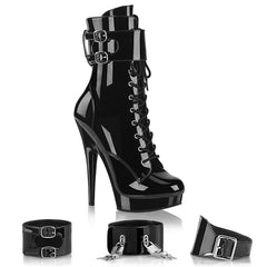 6 Inch (152mm) Heel, 1 Inch (25mm) Black Patent Platform Lace-Up Front Ankle Boot With Interchangeable Ankle Cuffs, Inside Zip Closure