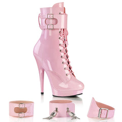 6 Inch (152mm) Heel, 1 Inch (25mm) Baby Pink Patent Platform Lace-Up Front Ankle Boot With Interchangeable Ankle Cuffs, Inside Zip Closure