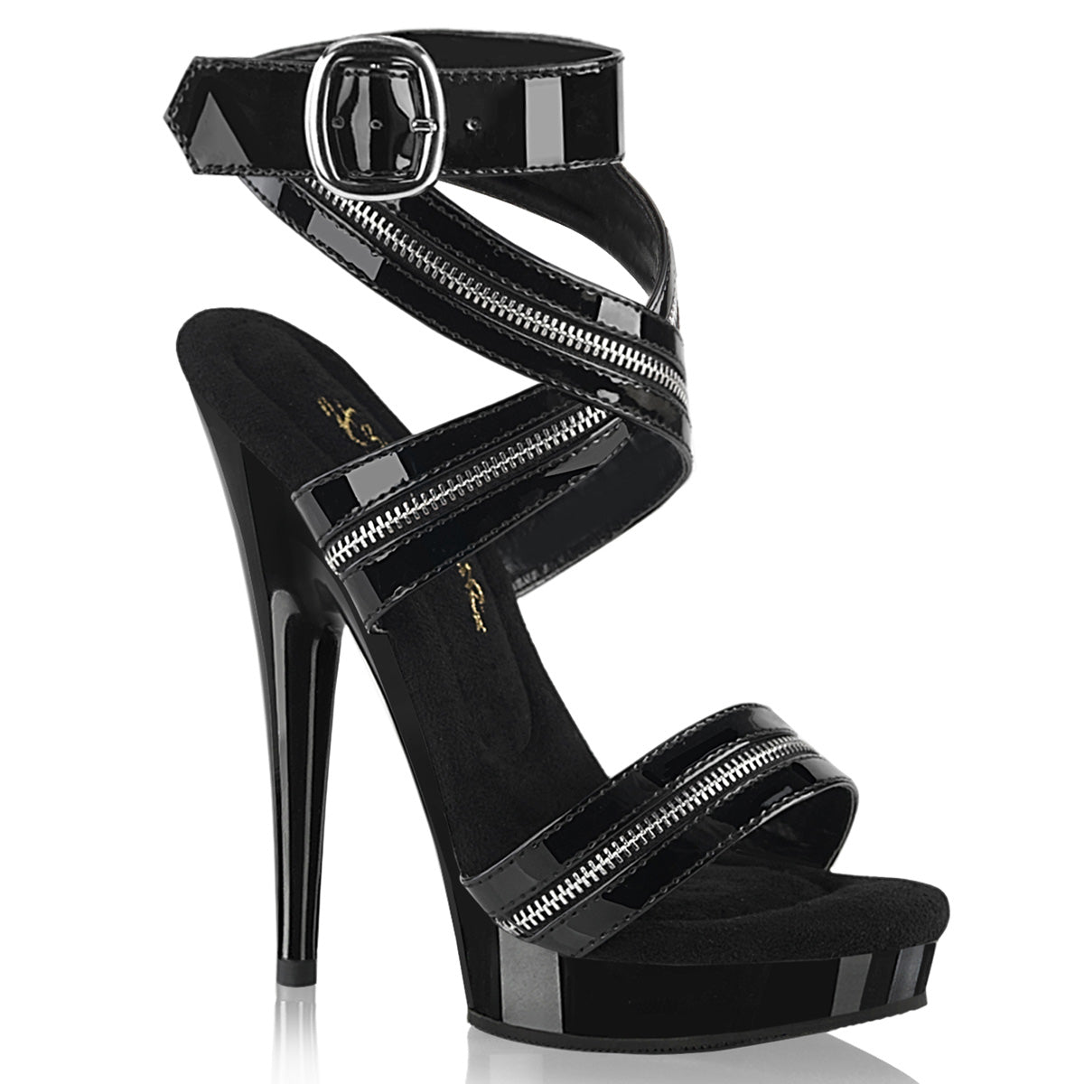 6" Heel, 1" Platform Black Patent Color Zipper-Inlaid Wrap-Around Sandal