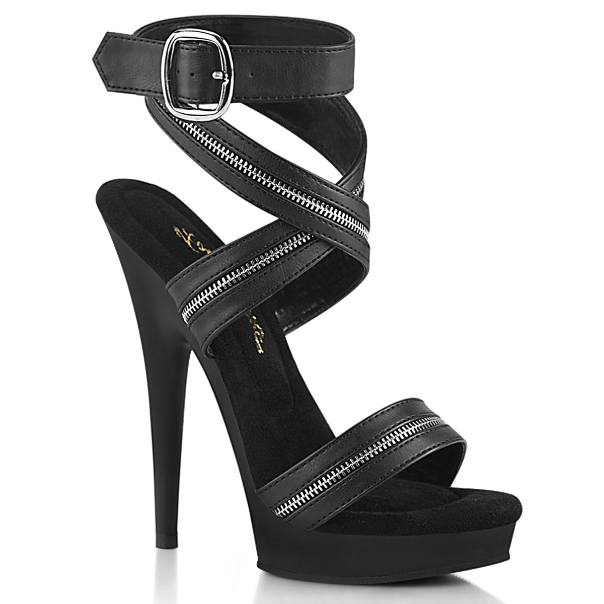 6" Heel, 1" Platform Black Pu Color Zipper-Inlaid Wrap-Around Sandal