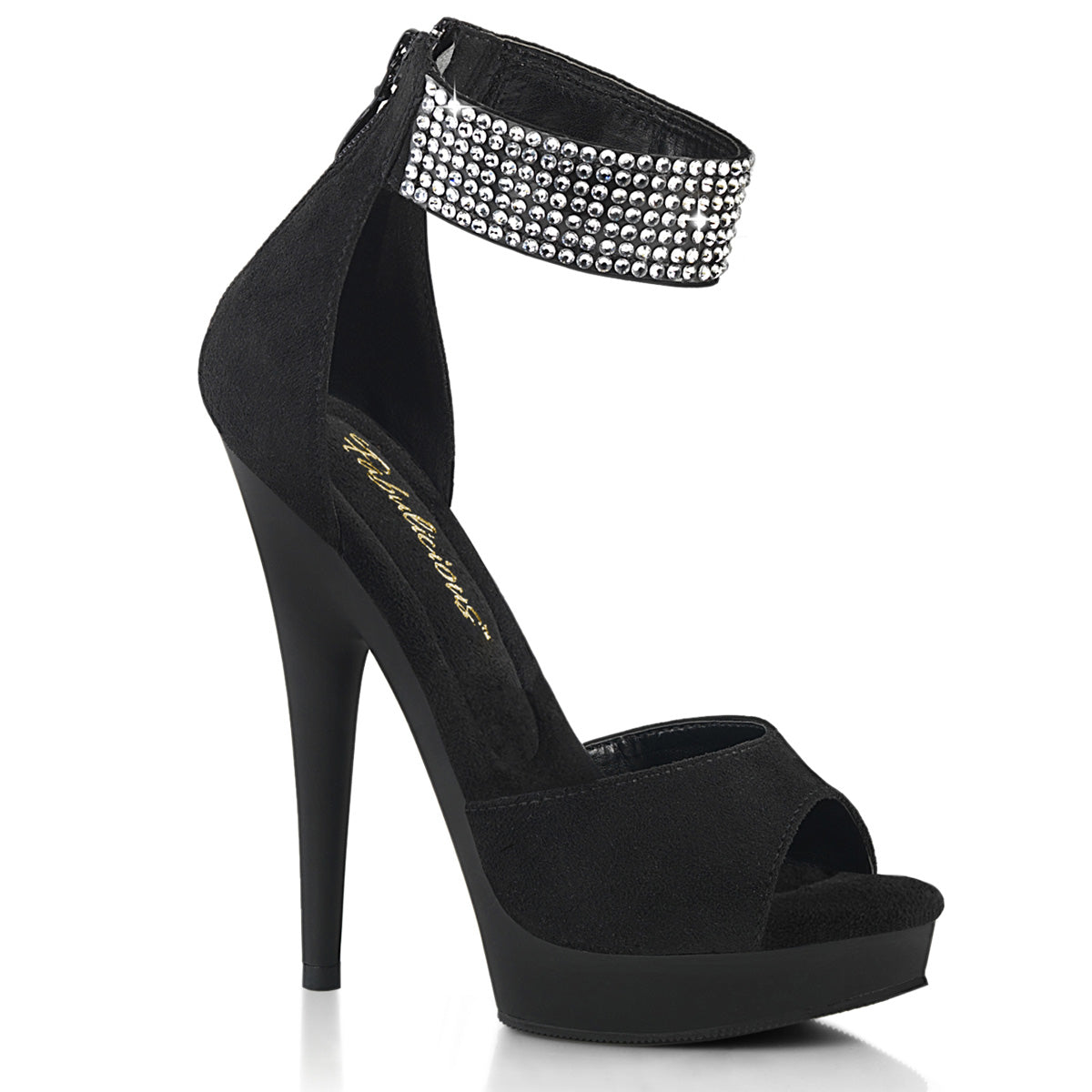6" Heel, 1" Platform Black Pu d'Orsay Sandal With Rhinestone, Back Zip