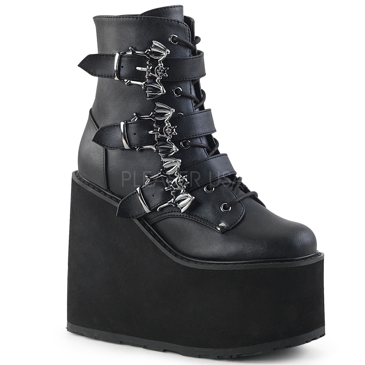 Demonia SWING-103 Black 5 1/2"(140mm) Wedge Platform Lace-Up Front Ankle Boot Featuring Triple Bat Buckle Straps, Metal Inside Zip Closure