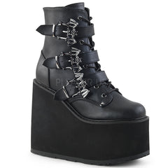 Demonia SWING-103 Black 5 1/2"(140mm) Wedge Platform Lace-Up Front Ankle Boot Featuring Triple Bat Buckle Straps, Metal Inside Zip Closure