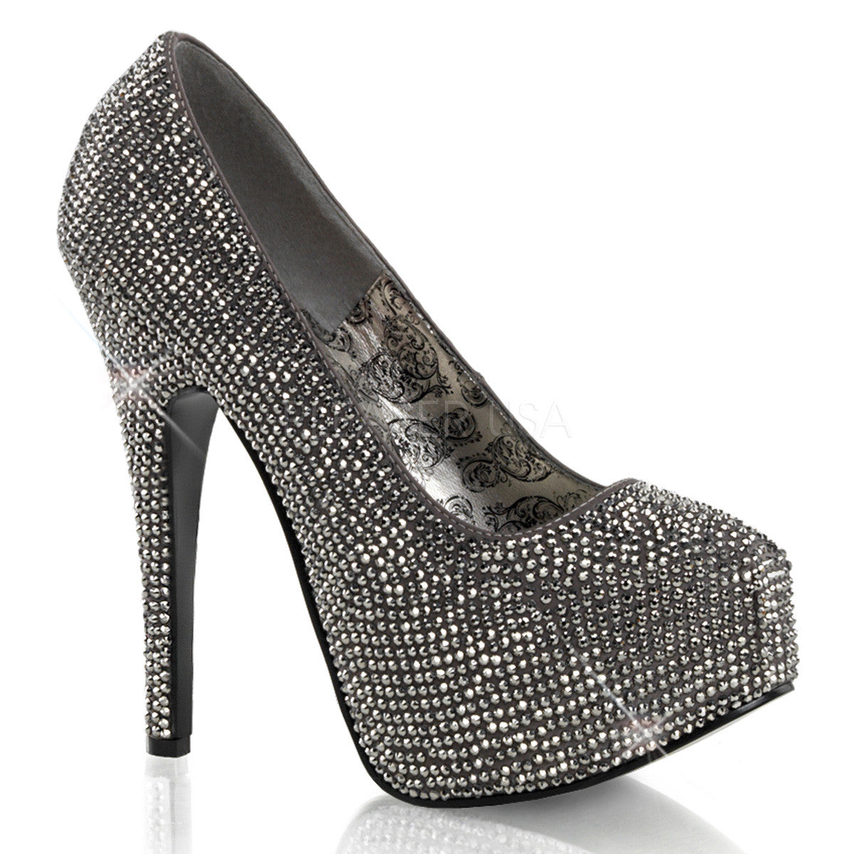 Bordello,Bordello TEEZE-06R Gray Satin-Pewter Rhinestoned Pumps - Shoecup.com