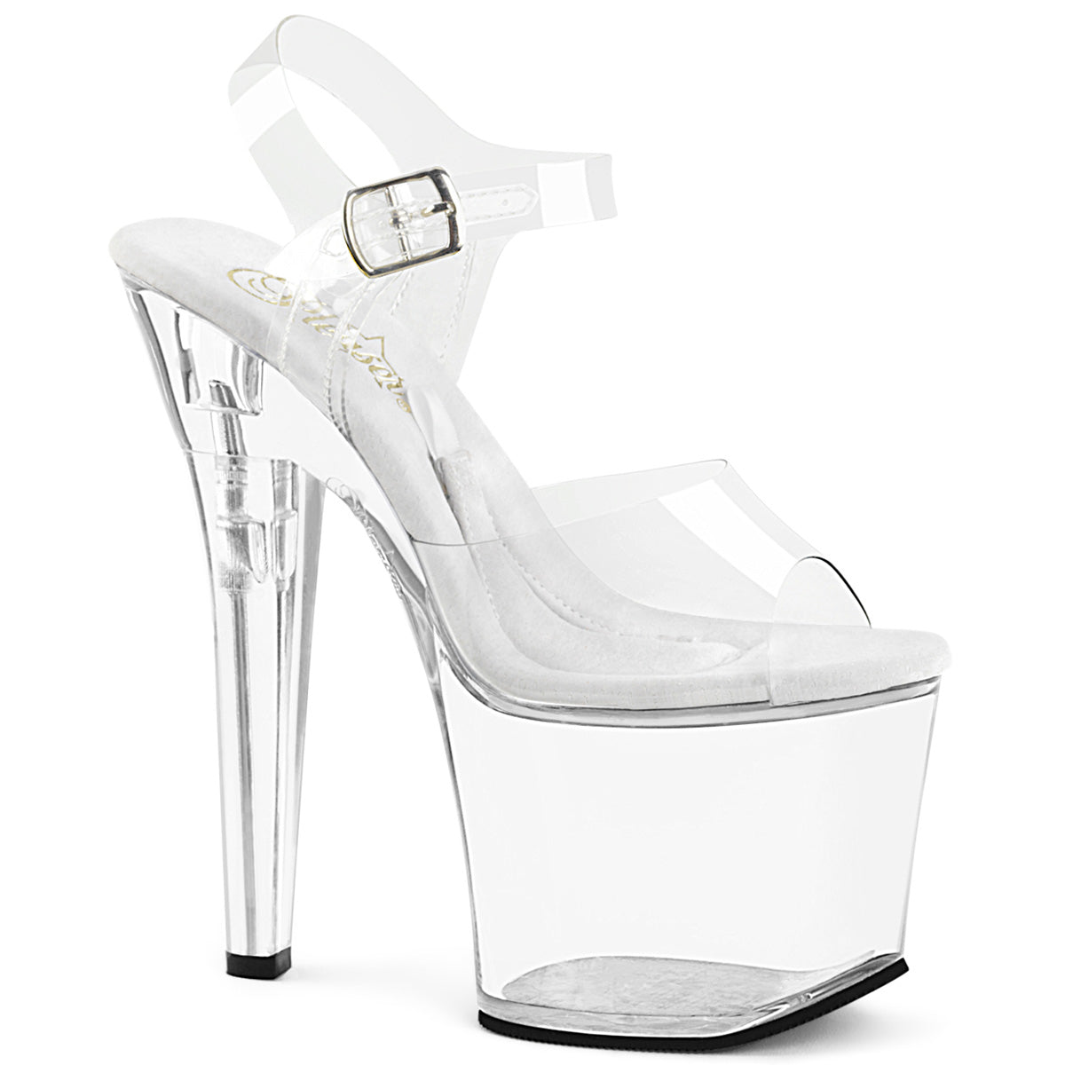 Pleaser TREASURE-708RAD Clear 7 Inch (178mm) Heel, 3 1/4 Inch (83mm) Platform Ankle Strap Sandal  Featuring Base Compartment Accessible from the Insole
