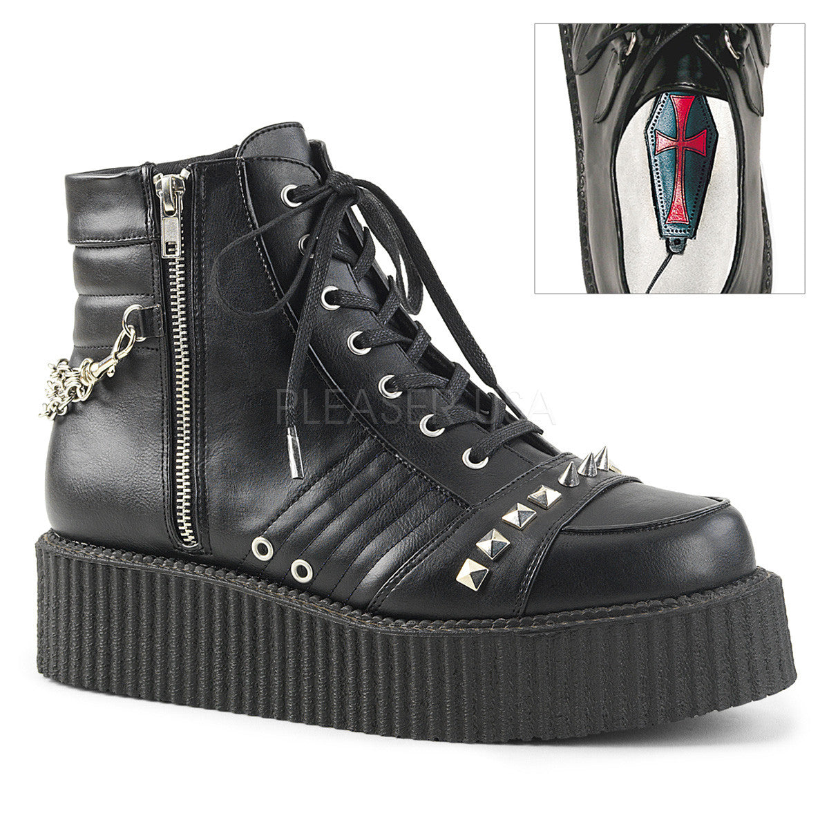 2" Platform Oxford Creeper Boot With Stud, Spike, & Chain | Demonia V-CREEPER-565