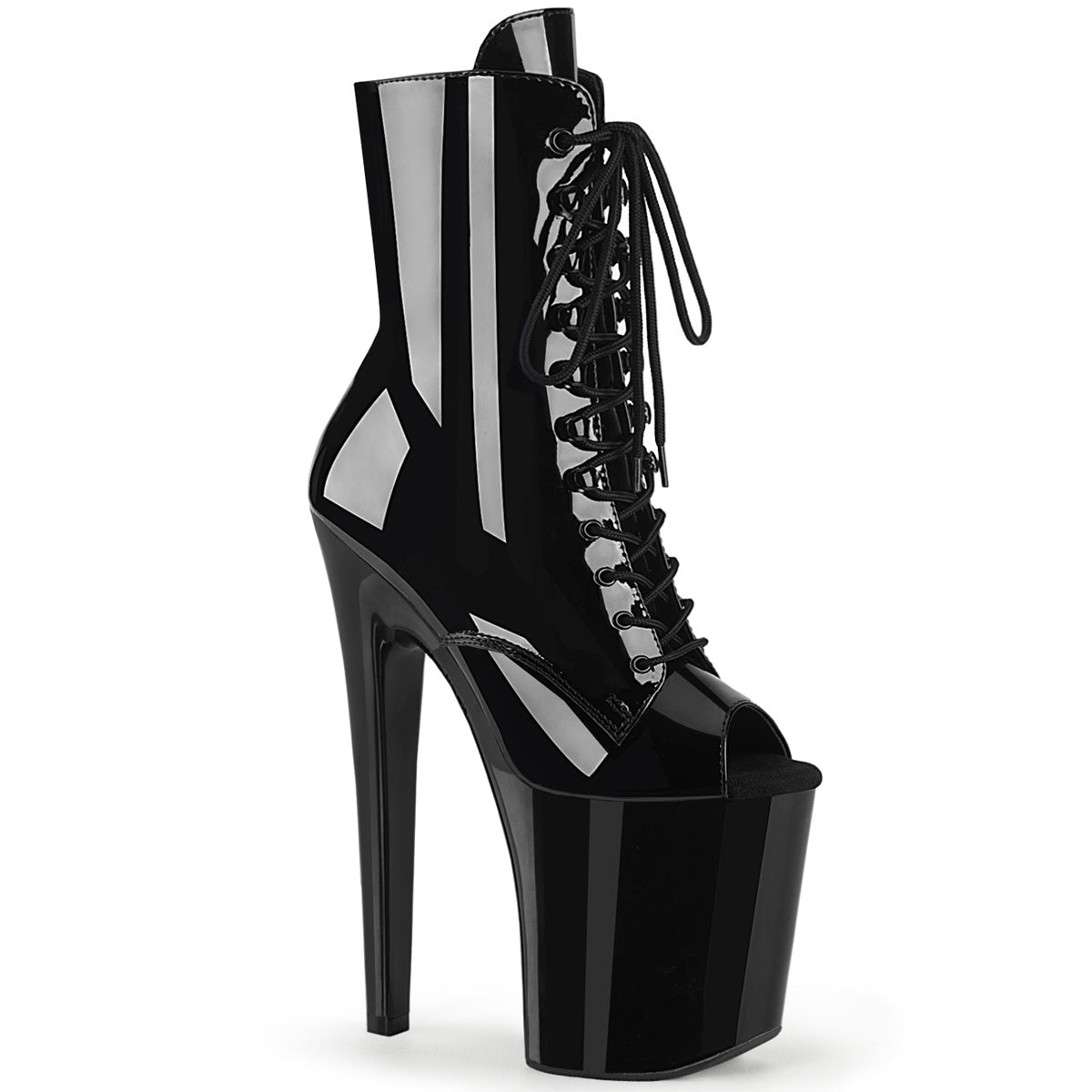 Pleaser XTREME-1021 Black Pat 8 Inch (200mm) Heel, 4 Inch (100mm) Platform Peep Toe Lace-Up Front Ankle Boot, Inside Zip Closure