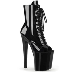 Pleaser XTREME-1021 Black Pat 8 Inch (200mm) Heel, 4 Inch (100mm) Platform Peep Toe Lace-Up Front Ankle Boot, Inside Zip Closure