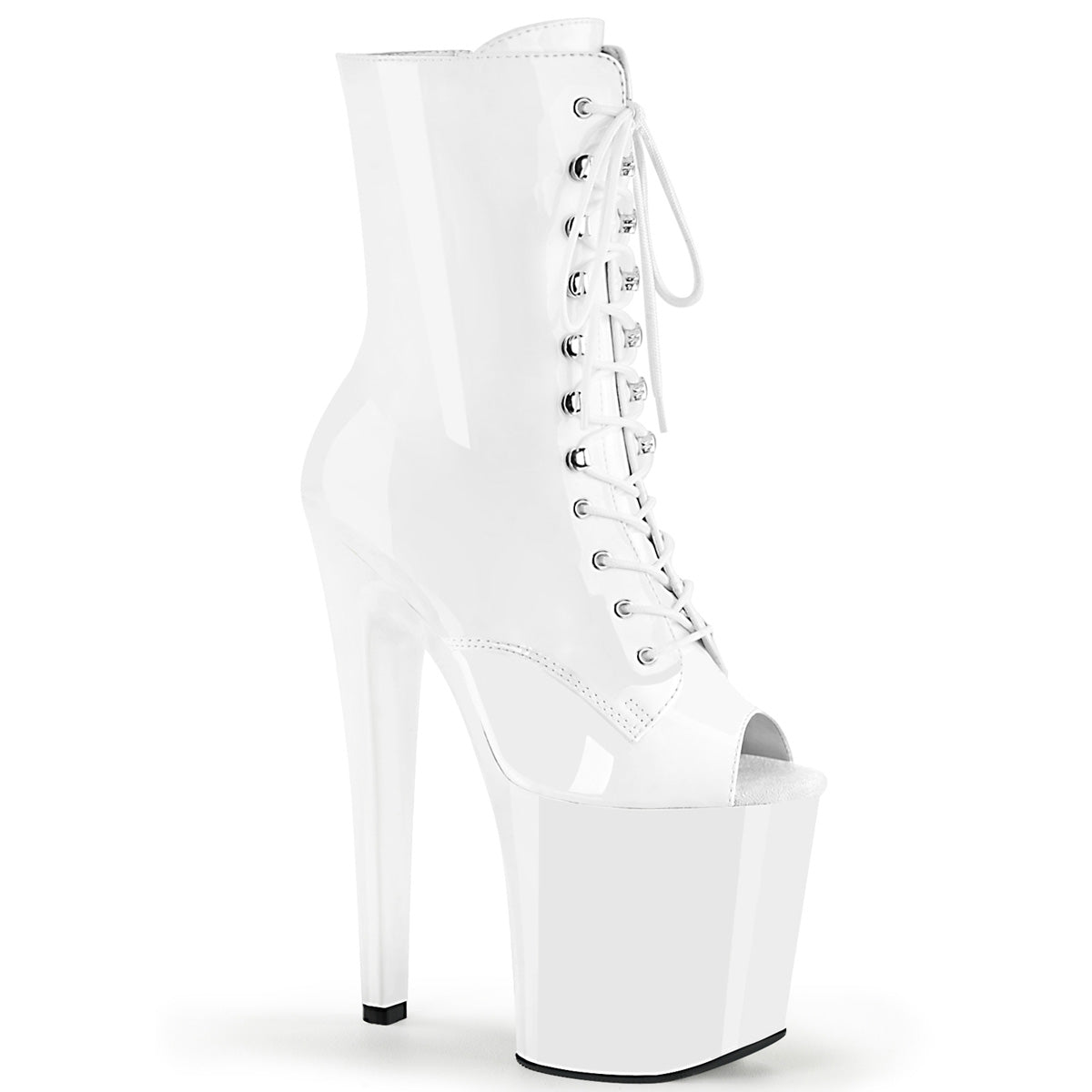 Pleaser XTREME-1021 White Pat 8 Inch (200mm) Heel, 4 Inch (100mm) Platform Peep Toe Lace-Up Front Ankle Boot, Inside Zip Closure